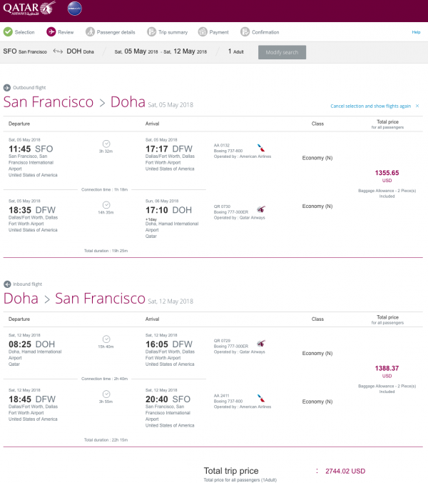 qatar airways one way ticket price